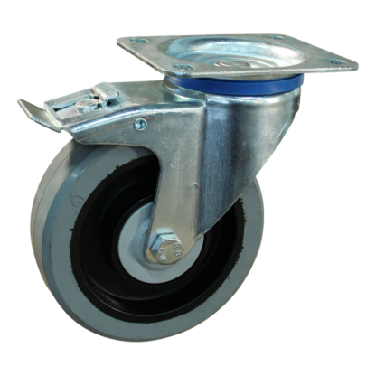 Stalen zwenkwiel, 125mm diameter, elastisch rubber loopvlak, kogellager, dubbele rem, naloop, ZW433631