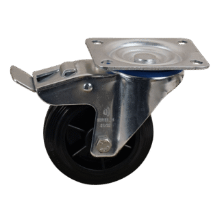 Staal zwenkwiel, 100mm diameter, TPE loopvlak, Rollager, dubbele rem, naloop, ZW471623