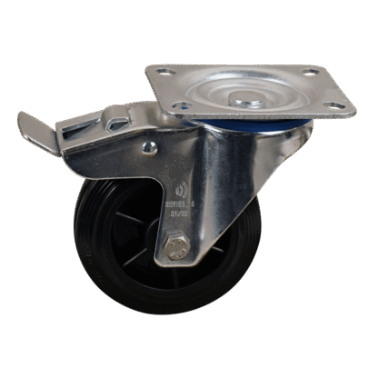 Staal zwenkwiel, 100mm diameter, TPE loopvlak, Rollager, dubbele rem, naloop, ZW471623