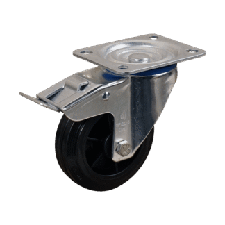 Staal zwenkwiel, 125mm diameter, TPE loopvlak, Rollager, dubbele rem, naloop, ZW998329