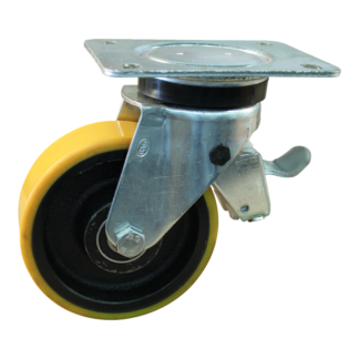 Stalen zwenkwiel, 125mm diameter, PU loopvlak, kogellager, dubbele rem, voorloop, ZW470771