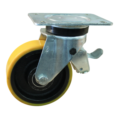 Stalen zwenkwiel, 125mm diameter, PU loopvlak, kogellager, dubbele rem, voorloop, ZW470771